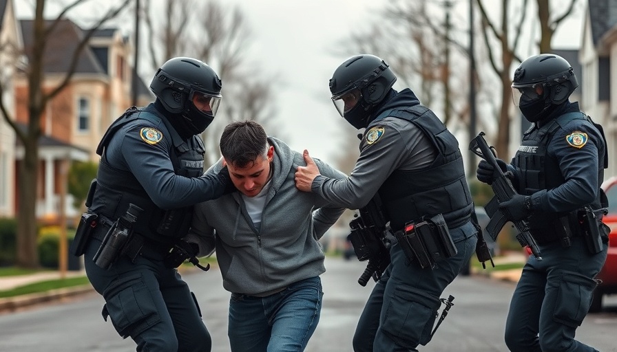 ICE agents detain a man near a truck on a suburban street.