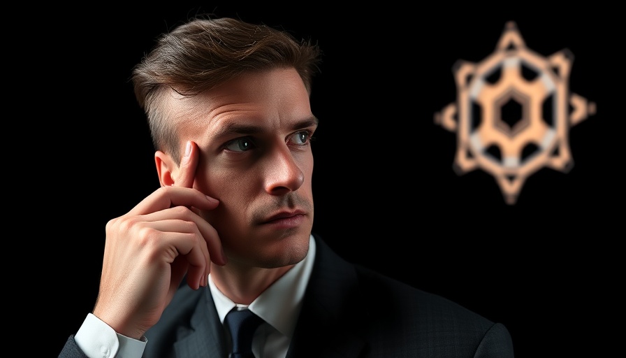 Contemplative businessman with tech logo background.