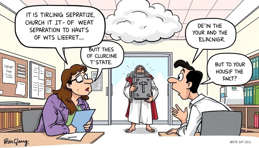 Cartoon on religion in schools Texas with teachers and biblical figure