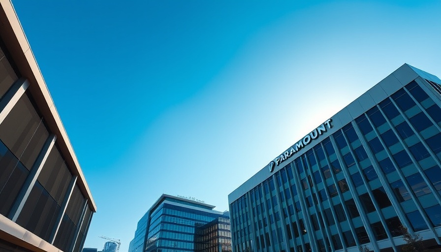 Paramount logo on building under clear sky symbolizing media influence.