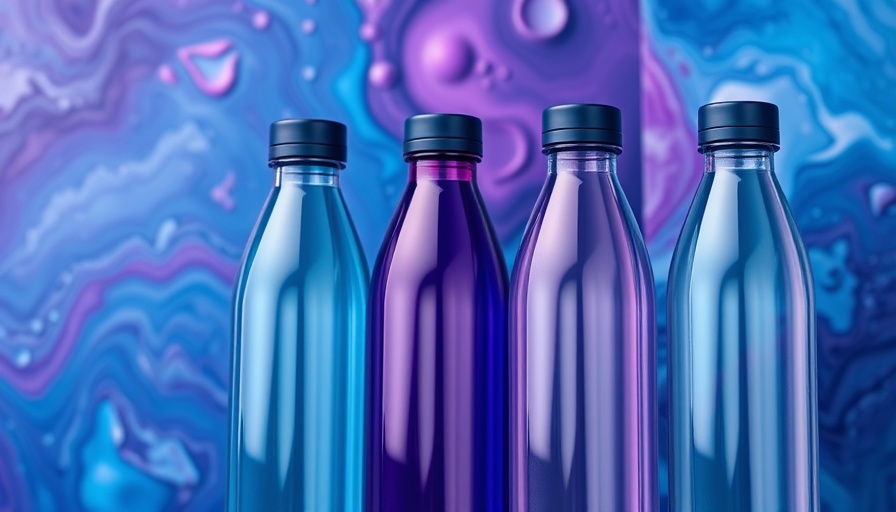 Stylish reusable water bottles on a colorful background.