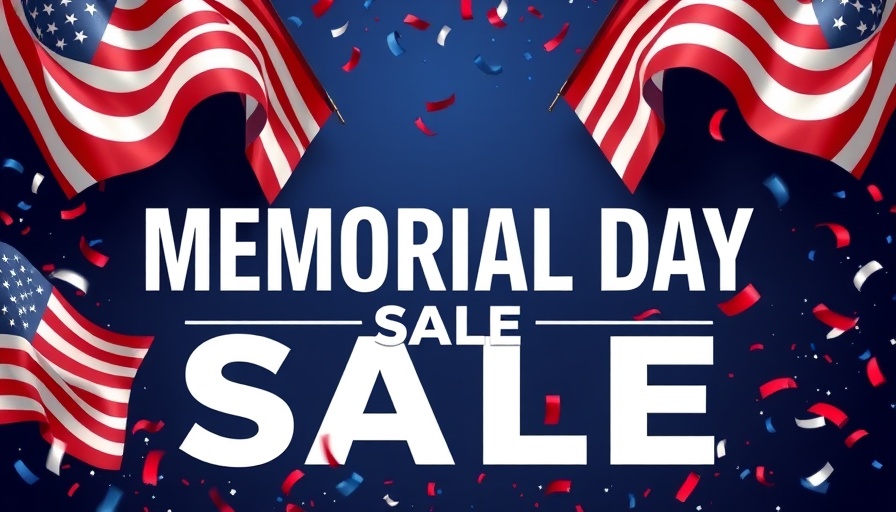 Memorial Day sale banner with American flags and text.