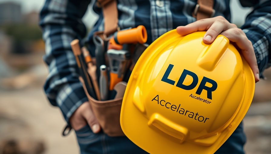 Construction worker with hard hat and tool belt, LDR Accelerator logo.