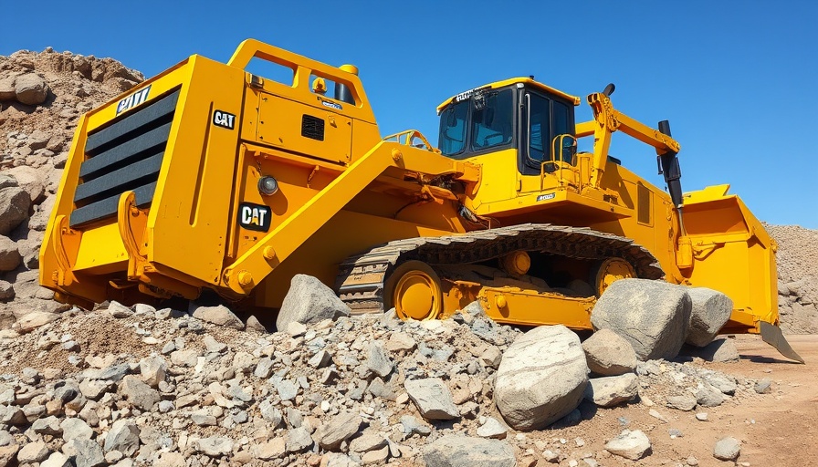 Massive bulldozer moving rocks on a construction site reflecting Deere sales decline concerns.