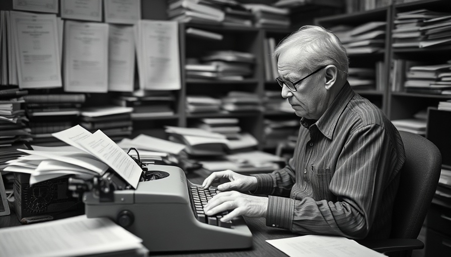 Ronnie Dugger Legacy: Man typing on a typewriter in a cluttered office.