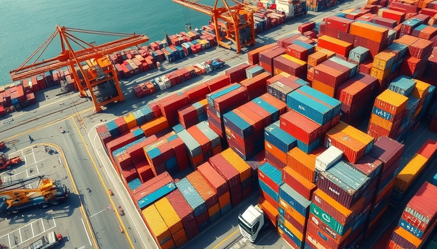 Aerial view of shipping containers in a port, related to offset tariffs on existing jobs.