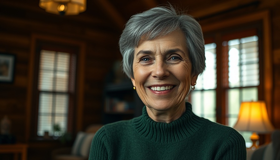 Smiling older woman in cozy home with wooden walls, warm lighting.