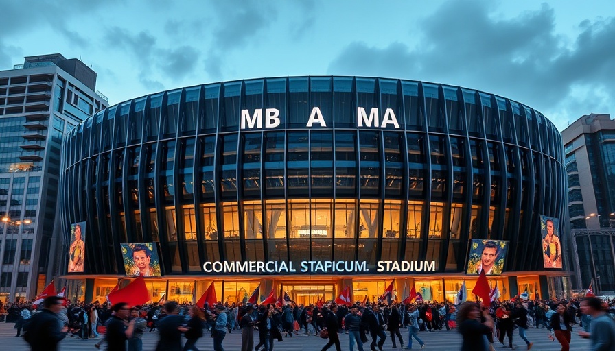 Modern stadium exterior by top commercial contractors 2025, dusk setting