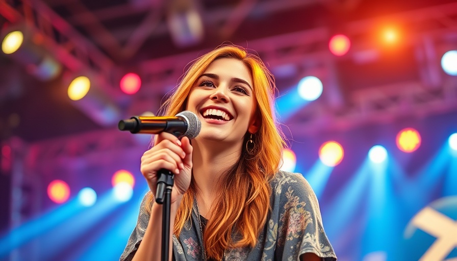 Lively young woman smiling on stage, vibrant concert setting.