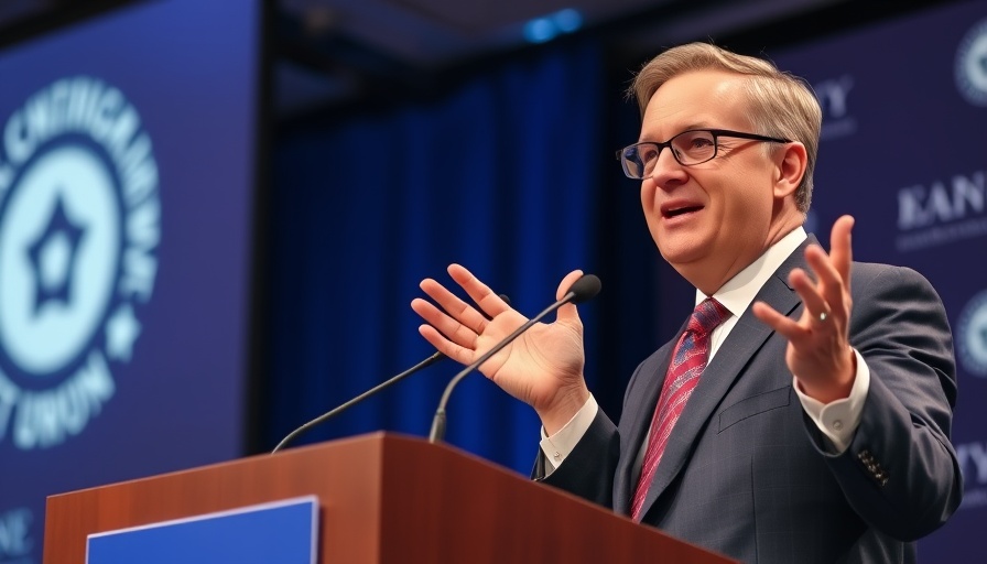Confident political speaker discussing policies, Trump's Liberation Day Tariffs backdrop