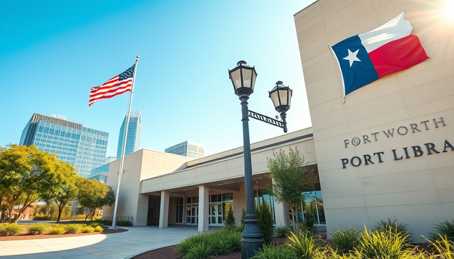 Fort Worth Public Library exterior with skyline and flags, visits spike