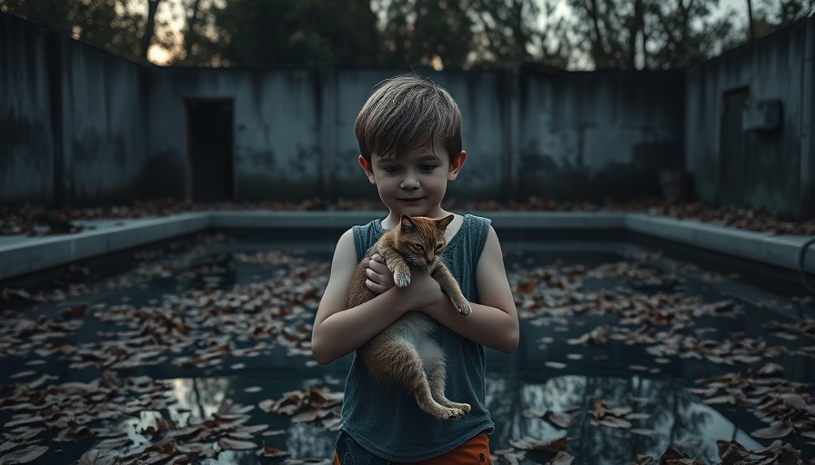Young boy in empty leaf-covered pool with cat, 'Bring Her Back Blind Faith'.