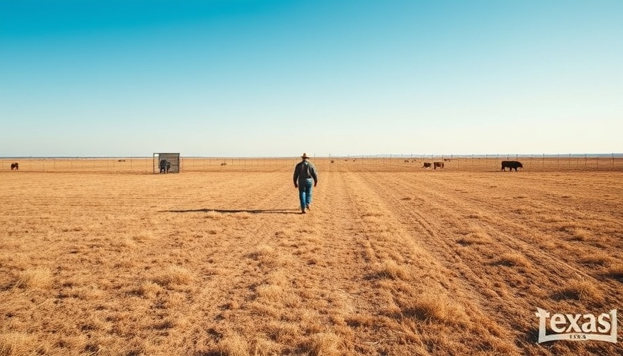 Texas field during water crisis seen with lone figure and cattle.