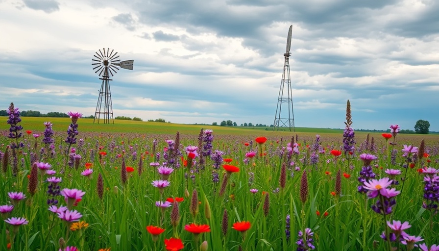 Fort Worth Prairie Park conservation landscape with wildflowers and windmill
