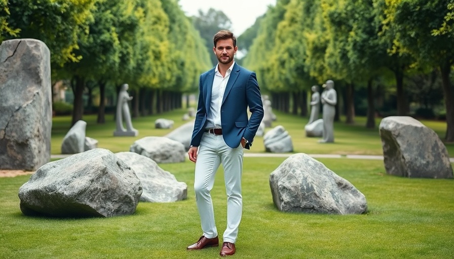Man in blue blazer stands confidently in sculpture garden with lush greenery.