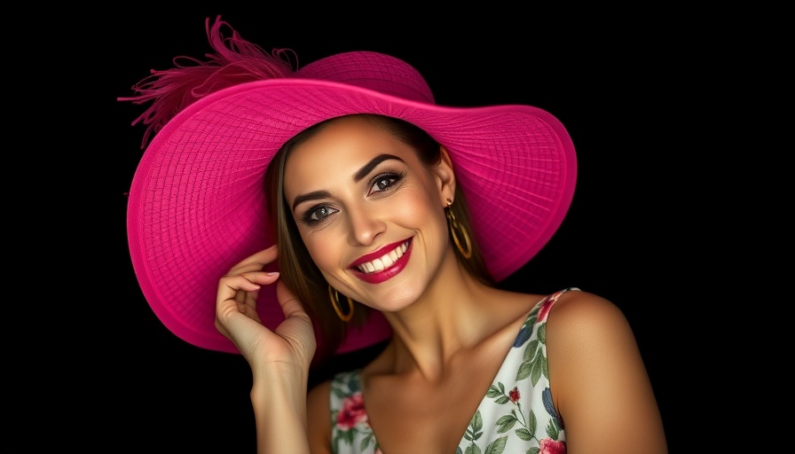 Elegant woman in floral dress and pink hat, GlassBuild 2025 Ambassador.