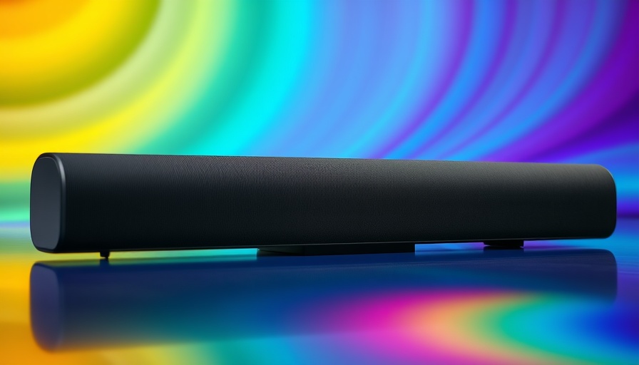 Futuristic soundbar system with rainbow gradient background.