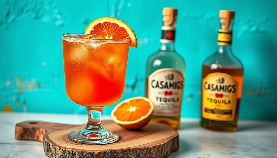Vibrant pride cocktail with Casamigos tequila bottle.