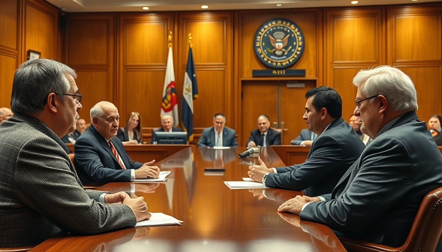 Officials discussing at council meeting with flags in background.