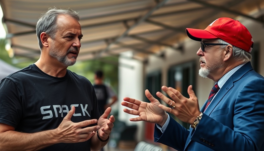 Men debating intensely under a canopy, Musk and Trump feud.