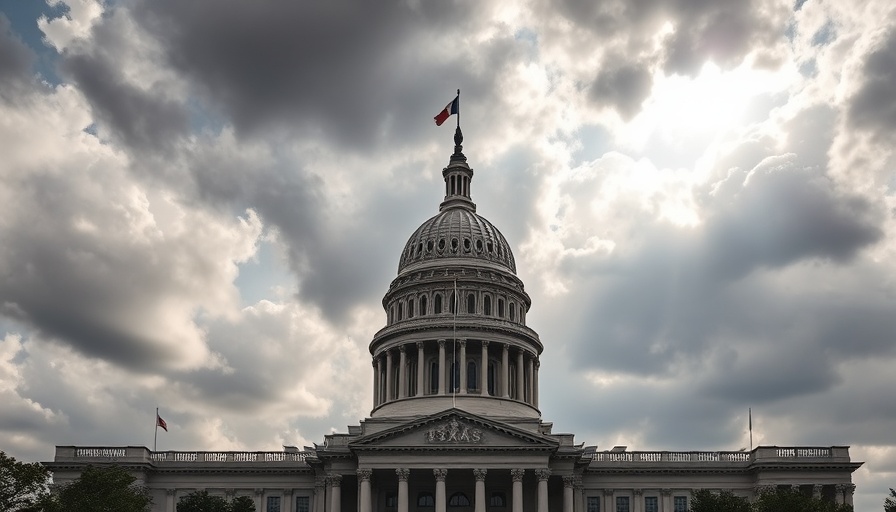 Texas State Capitol under dramatic clouds, New McCarthyism emblem.