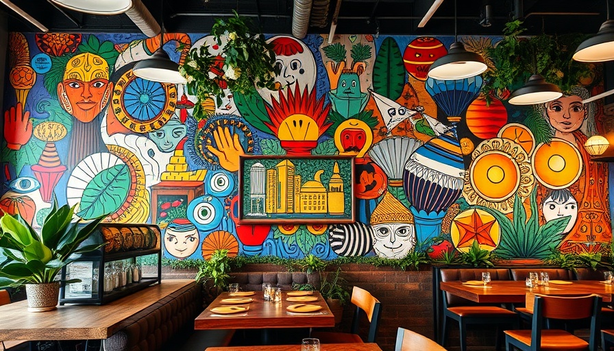 Vibrant Curry Up Now Flower Mound mural with colorful art and seating.