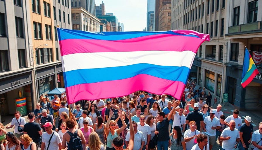 Aerial view of a large trans pride flag held by many advocates for trans rights.