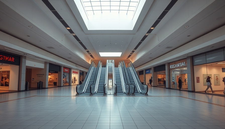 Empty Ridgmar Mall interior with vacant stores and escalators.