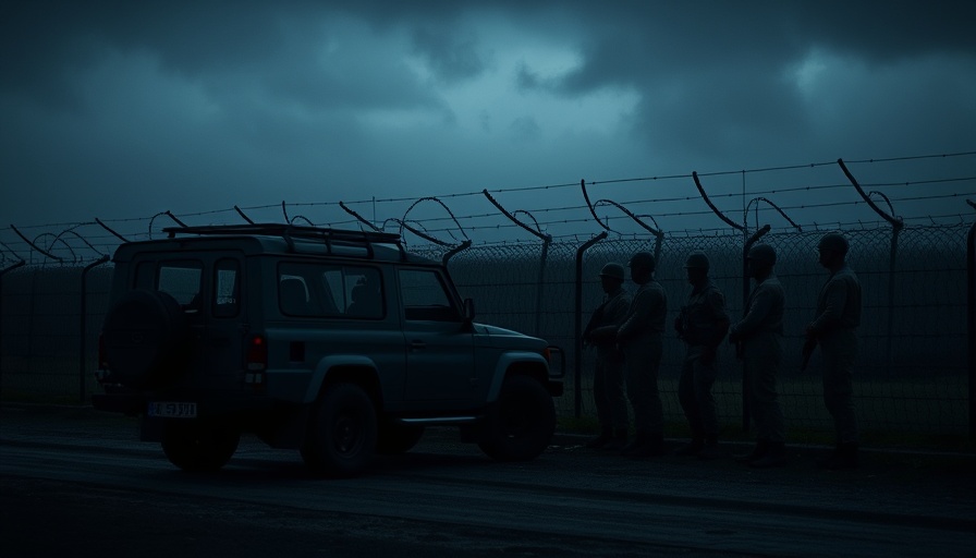 Texas Border Security Spending Cuts scene with SUV and soldiers.