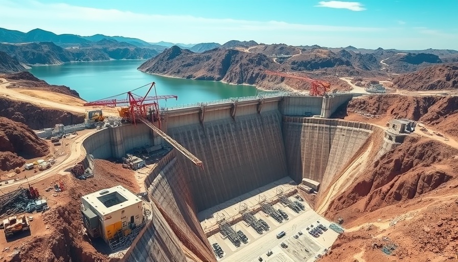 Massive dam construction site showcasing climate modeling AI construction innovation.