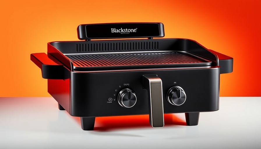 Sleek Blackstone griddle air fryer on vibrant background.