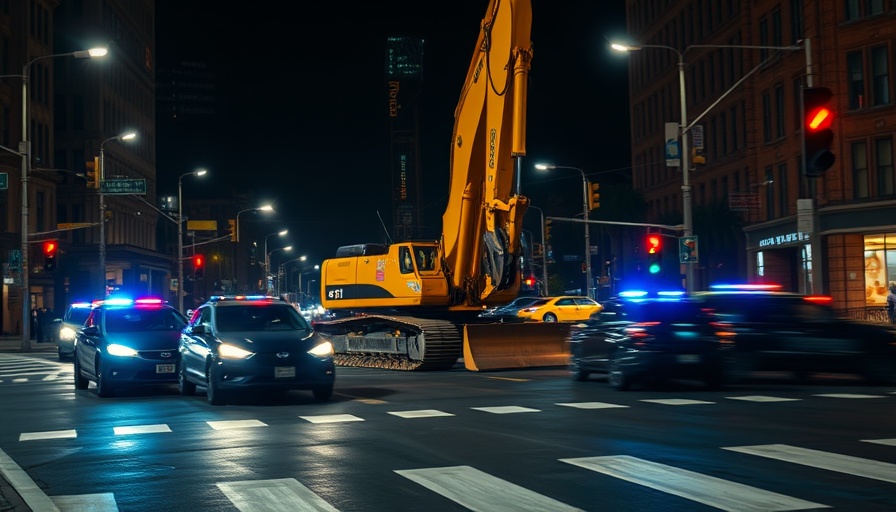 Stolen excavator chase at night with police in pursuit.