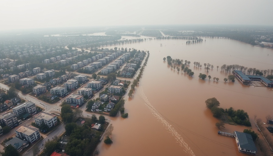 Aerial city flood affecting residential and commercial buildings. ASCE flood protection standards.