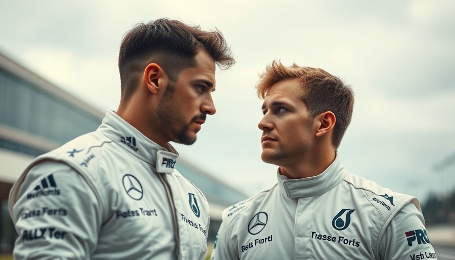 Race car drivers in focus with modern track setting, showcasing determination.