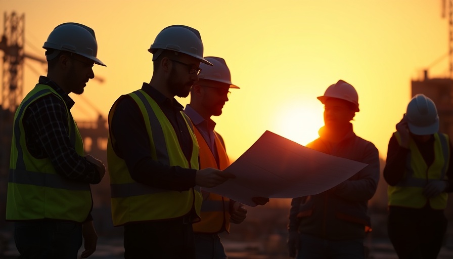 Construction workers at sunset discussing plans; Biden’s labor mandate impact on business.