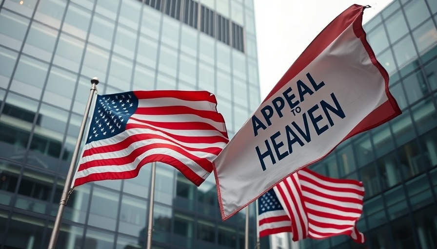 American and Appeal to Heaven flags flying in front of a glass building.