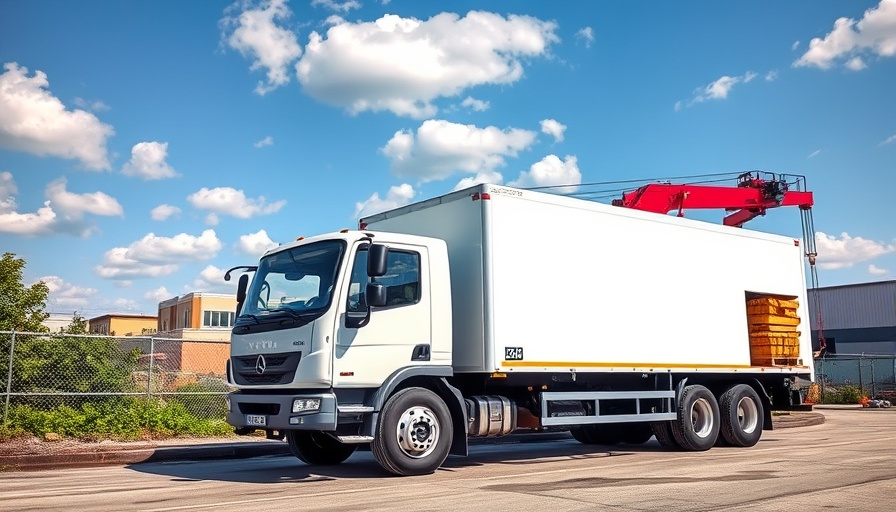 Industrial delivery truck with crane in outdoor setting.