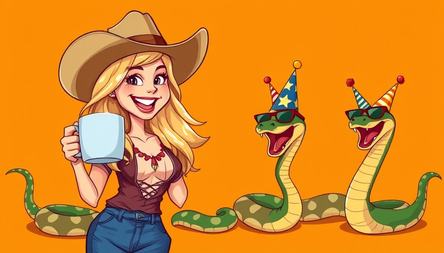 Texas unusual wildlife and history illustrated with snakes in party hats.
