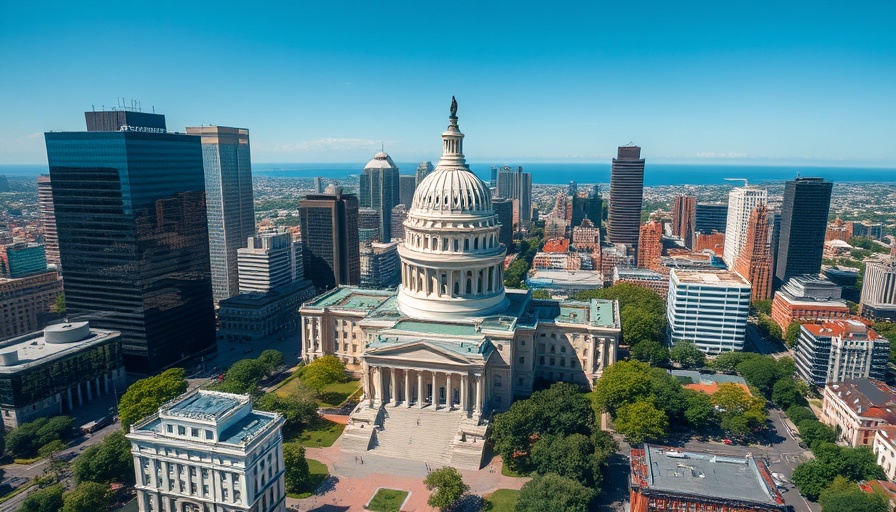 Aerial view of capitol building, cityscape, AI for permitting context.