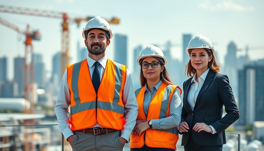 Smart Building Technology professionals at construction site with crane.