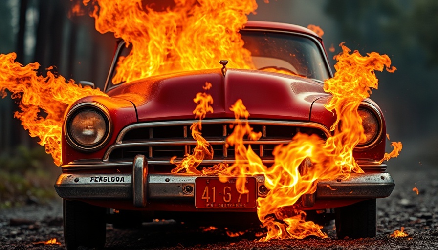 Intense flames consuming car, symbolizing climate change impact.