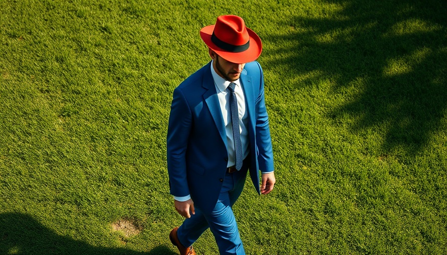 Man in blue suit and red hat walking on grass in sunlight.