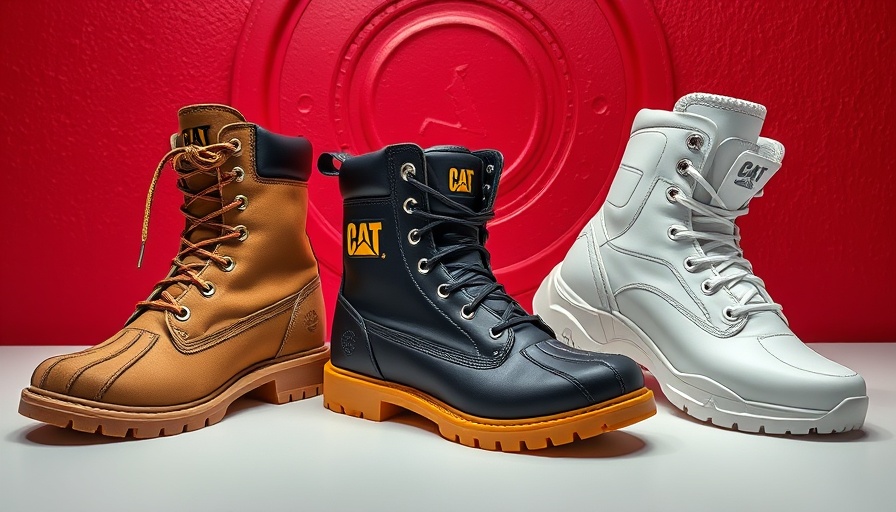 Cat Boots Honoring Moon Landing: Three unique Caterpillar boots displayed against a red background.