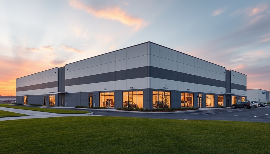 Modern building in Fort Worth business park at sunset.