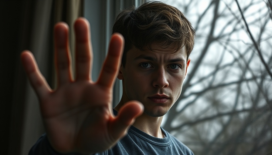 Young person at window, serious, with visible tree branches outside.