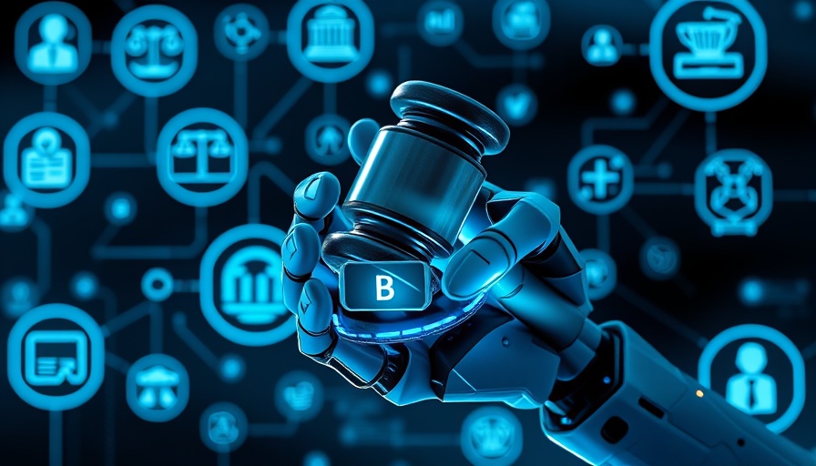 AI auditing services represented by a robot hand with gavel and digital icons.