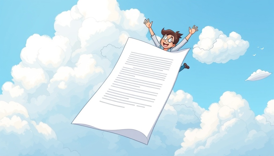 AI contract generator illustration of person flying on document.