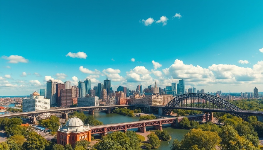 Cityscape in Ohio, skyline view with greenery and bridges.