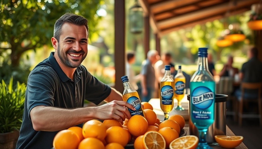 Man enjoying Blue Moon at outdoor bar with oranges and beverages.