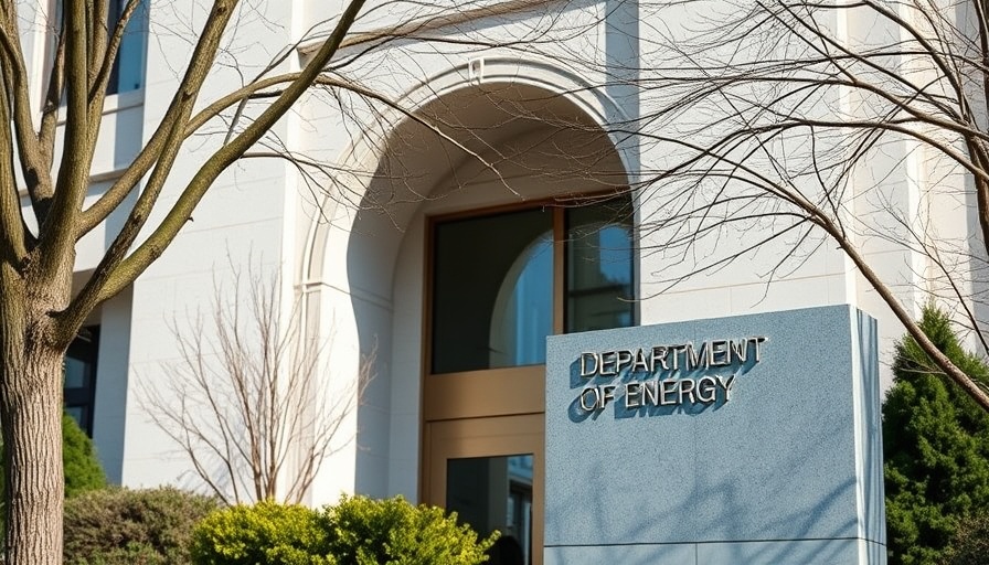 Department of Energy building entrance sign with winter landscape.